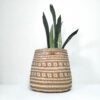 Cesta artesanal em folha de palma com padrão natural e laranja de tamanho médio. Está com planta dentro sobre um fundo branco.