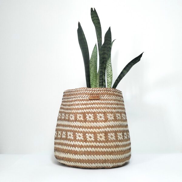 Cesta artesanal em folha de palma com padrão natural e laranja de tamanho médio. Está com planta dentro sobre um fundo branco.
