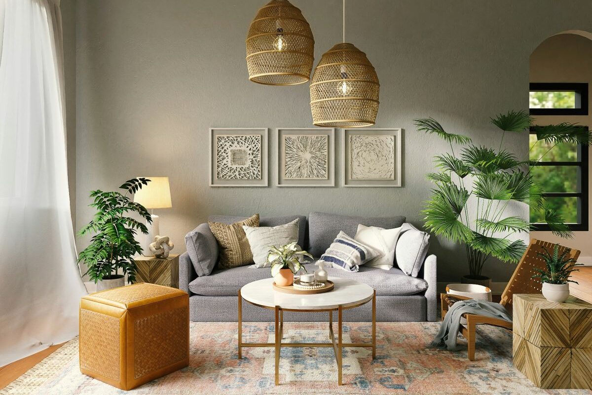 Ambiente de sala acolhedora, com muitos elementos naturais e artesanais, plantas e tons suaves de cinza, verde e madeiras claras.