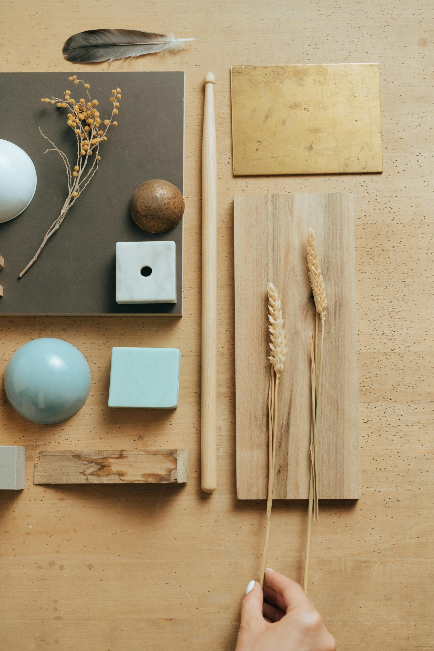Moodboard com materiais naturais, como cerâmoca, madeiras, ramos secos e cores neutras.