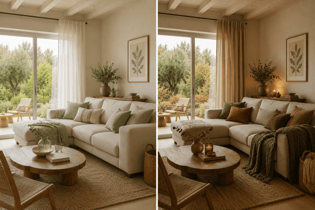Duas fotografias da mesma sala com têxteis diderentes, numa ambiente de primavera/verão e noutra ambiente de outono/inverno.